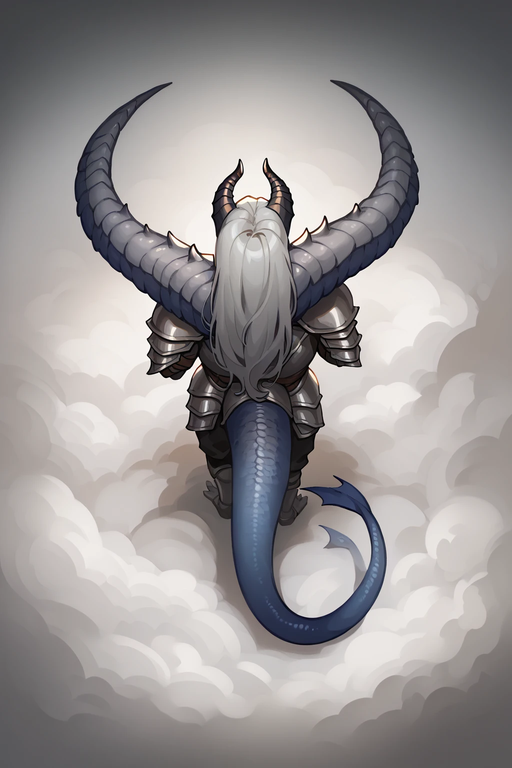 (1Тiefling ,  dark blue-gray skin :1.3), face visible.  girl  ,  chainmail, gray-black armor ,   Thick blue tail protection,   closed mouth  ,  long, (Thick dragon tail ),   dark gray horns  , long hair white ,  One,   grey hair,  (  top quality ,  masterpiece ,   highest detail  ) ,  score_9, score_8_up, score_7_up,  fantasy background. blue tones, Dark tones,  fantasy background.  Clear water. clouds.  Dark colors , dark shades,  muted colors. (( view from above . from behind. A long fat dragon stands half a turn )).  view from above .