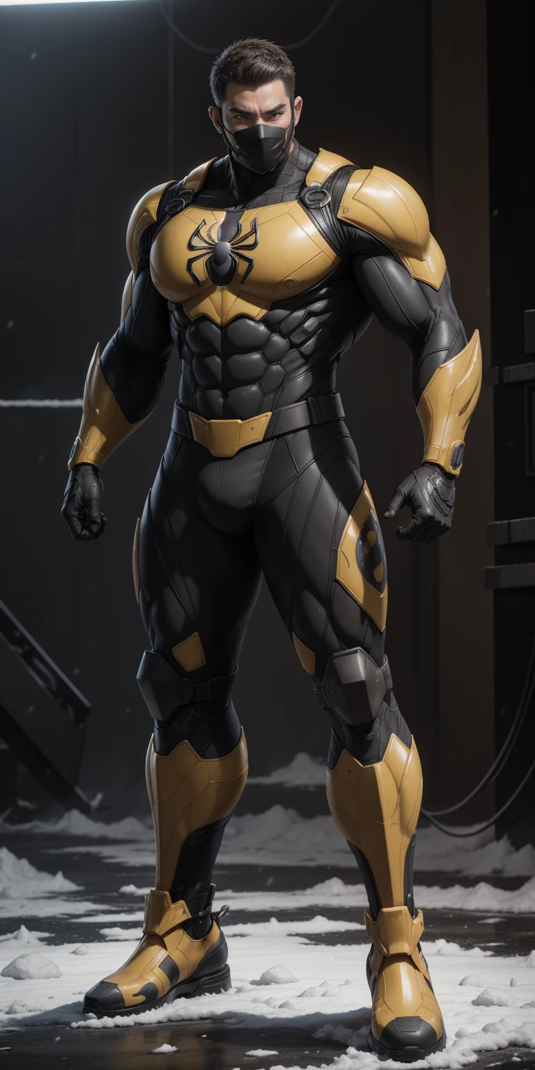 Tall giant muscular police officer,Yellow and black camouflage patterned nano mecha,Honeycomb pattern,Matte texture,Future Technology Helmet,Mask,senior police officer,Small grid texture,Regular symmetrical texture pattern,Future Technology Helmet,Standing in a bright mechanical laboratory,Heroic male pose,Tall burly,muscular!Attractive leg muscles,High target, Burly, Heqiang, Super Buff and Coolness, High Resolution Committee, Bigfoot yellow-gray ultra-thin nano-mechanical boots,Charismatic strongman,The bright sunshine shines on you,Matte particles,Shiny texture