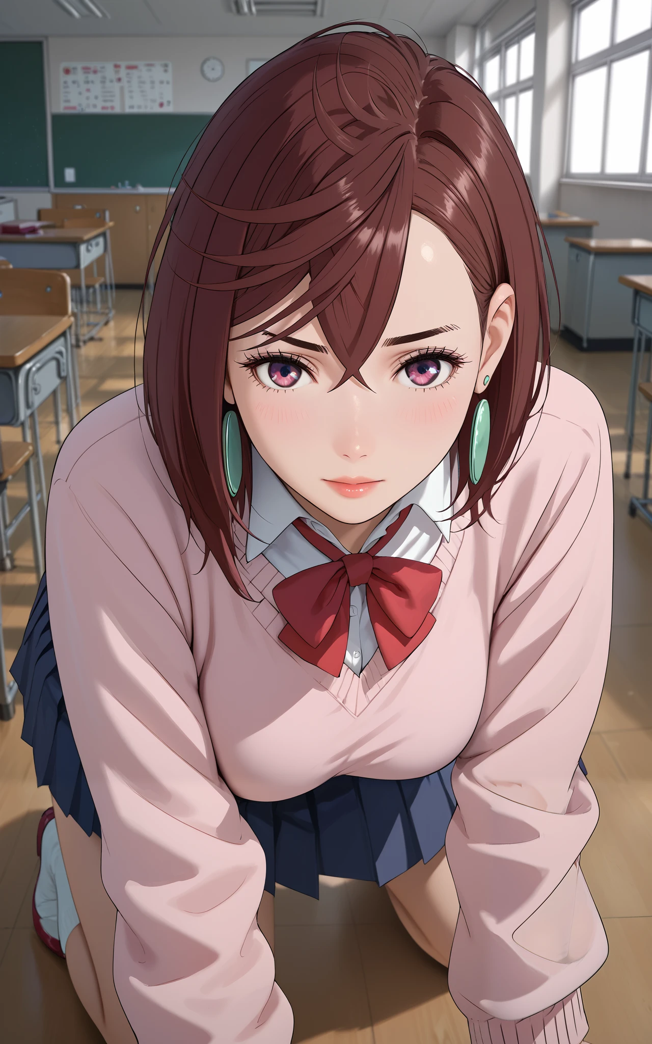 Momo Ayase、Alone、 woman、(Big Breasts:1.4)、 earrings for a woman alone、 Thin Waist、 school classroom、 school uniform、 pleated skirt、 white blouse、ribbon、 jacket、 on all fours