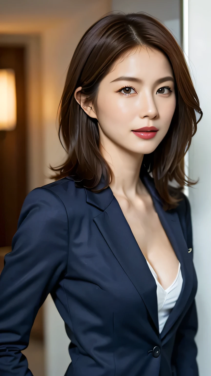 very detailed, masterpieces during breakfast , top quality, Photorealistic, tall and thin, detailed face , Beautiful Eyes ,Very sensual face, sensual red thick lips , ( facing forward), beautiful body, ( light brown hair:1.1、Messy wavy medium length hair:1.1、 asymmetry), Emotionally Excited Conspicuous Nose ,Elegant and sophisticated、Bewitching Goddess、 waist to head 、(( in a navy blue business suit :1.2))、dark wall background 、 fresh smile