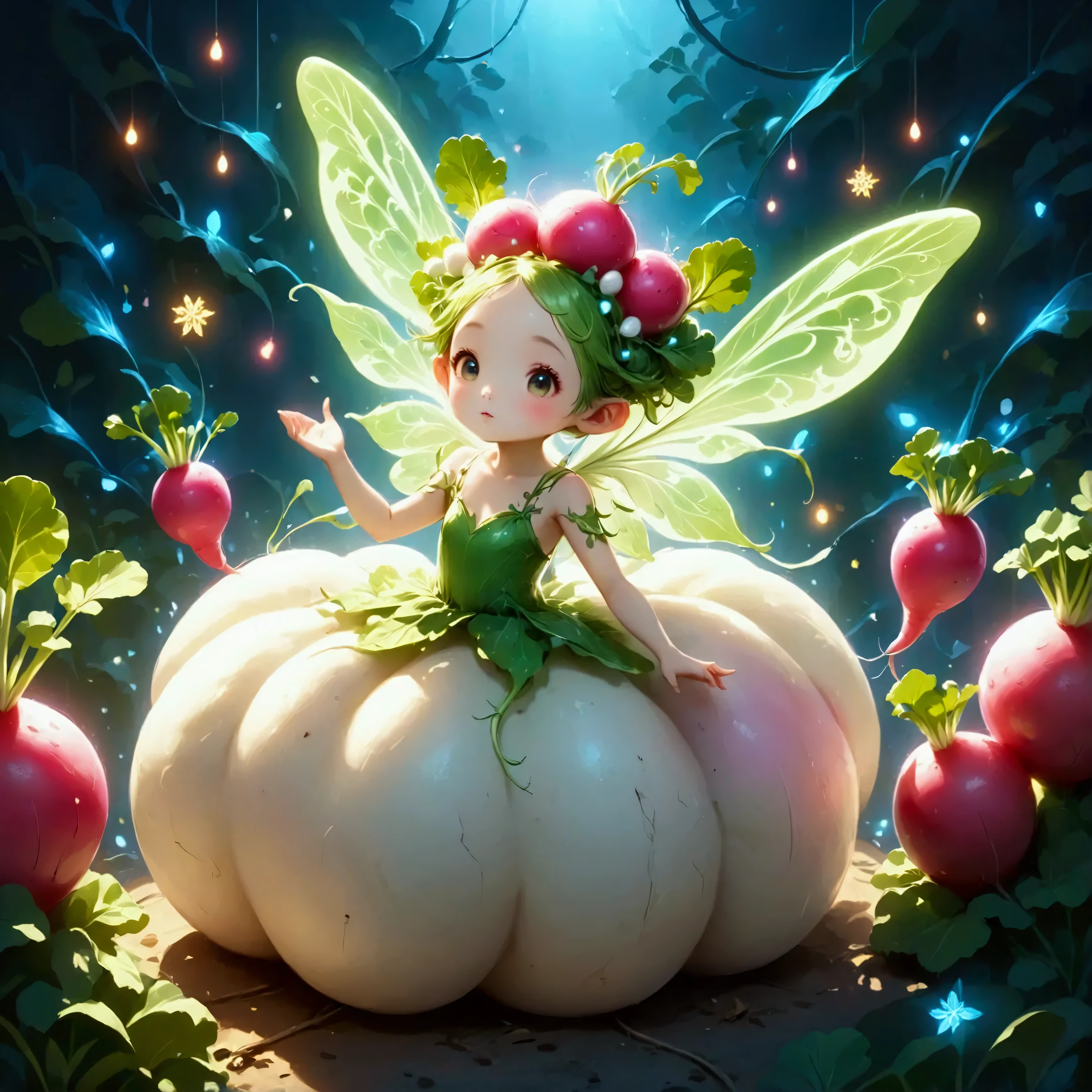 radish fairy, cute radish fairy, radish fairy neon lights, radish fairy snowflakes, fantasy art, radish motif, highly detailed, intricate, masterpiece, award-winning, 8k, ultra-detailed, cinematic lighting, vibrant colors, magical, ethereal, glowing, whimsical, surreal, dreamlike, photorealistic, gorgeous, stunning