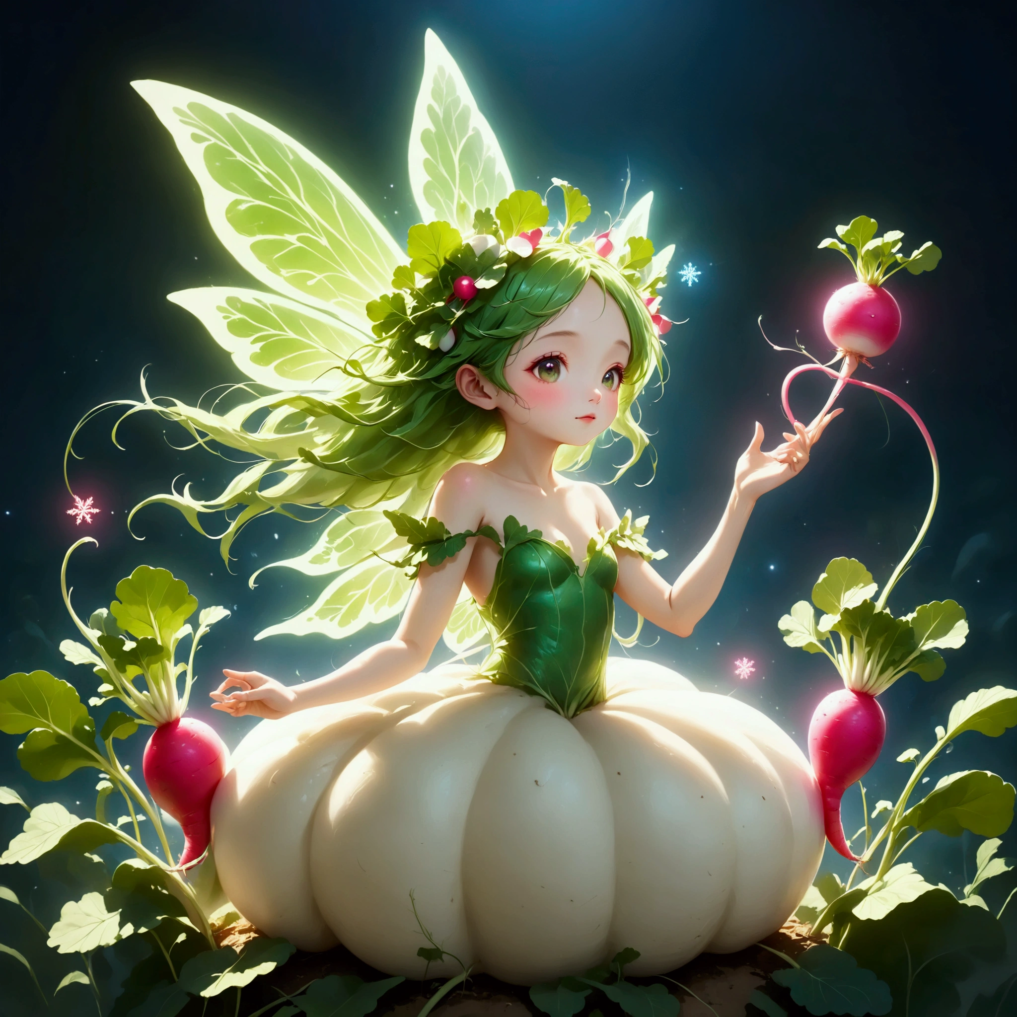 radish fairy, cute radish fairy, radish fairy neon lights, radish fairy snowflakes, fantasy art, radish motif, highly detailed, intricate, masterpiece, award-winning, 8k, ultra-detailed, cinematic lighting, vibrant colors, magical, ethereal, glowing, whimsical, surreal, dreamlike, photorealistic, gorgeous, stunning