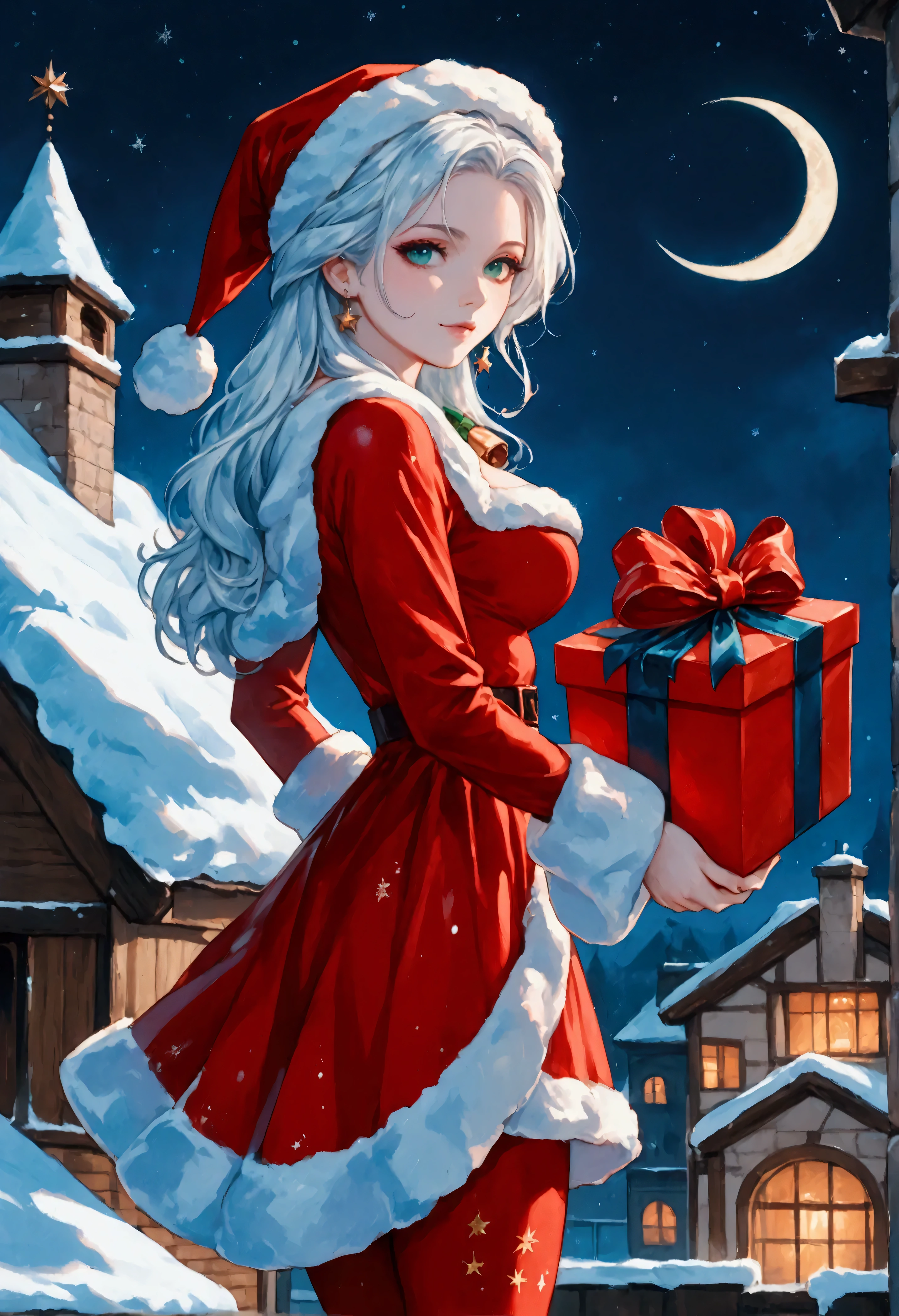 score_9, score_8_up, score_7_up, score_6_up, score_5_up, score_4_up, watercolor art of a most beautiful female Santa Clause carrying gifts, standing on roof in the snow, a beautiful female Santa Clause, white hair color, dynamic hair style, busty, wearing red dress, intricate dress, green cloak, green leggings, wearing red high heels boots,  fresh snow on the roof, high snow, it is night time, the crescent moon in the sky. some stars,  High Detail, Ultra High Quality, High Resolution, 16K Resolution, Ultra HD Pictures, Ultra Realistic, Clear Details, Realistic Detail, Ultra High Definition, Cinematic Shot