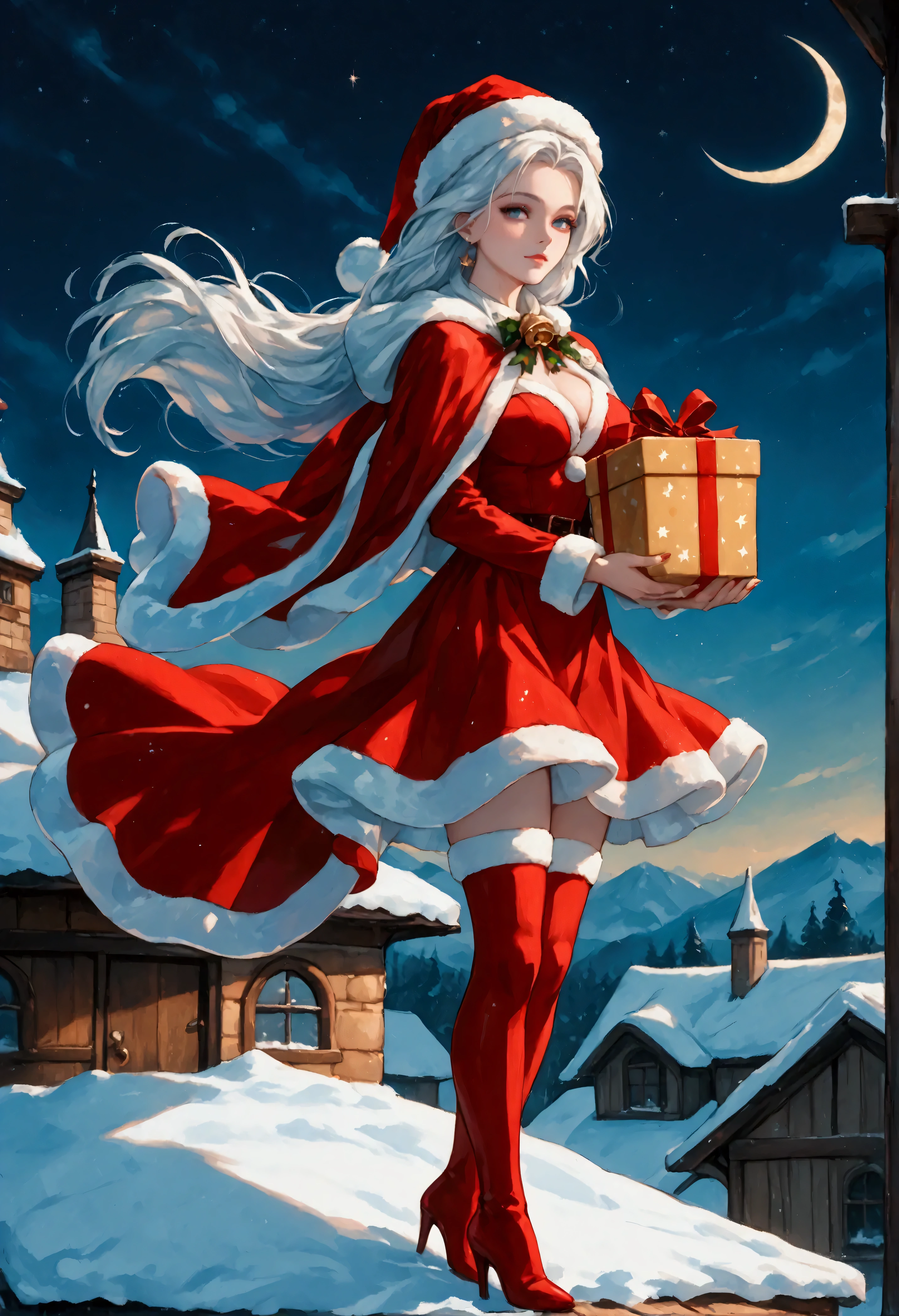 score_9, score_8_up, score_7_up, score_6_up, score_5_up, score_4_up, watercolor art of a most beautiful female Santa Clause carrying gifts, standing on roof in the snow, a beautiful female Santa Clause, white hair color, dynamic hair style, busty, wearing red dress, intricate dress, green cloak, green leggings, wearing red high heels boots,  fresh snow on the roof, high snow, it is night time, the crescent moon in the sky. some stars,  High Detail, Ultra High Quality, High Resolution, 16K Resolution, Ultra HD Pictures, Ultra Realistic, Clear Details, Realistic Detail, Ultra High Definition, Cinematic Shot