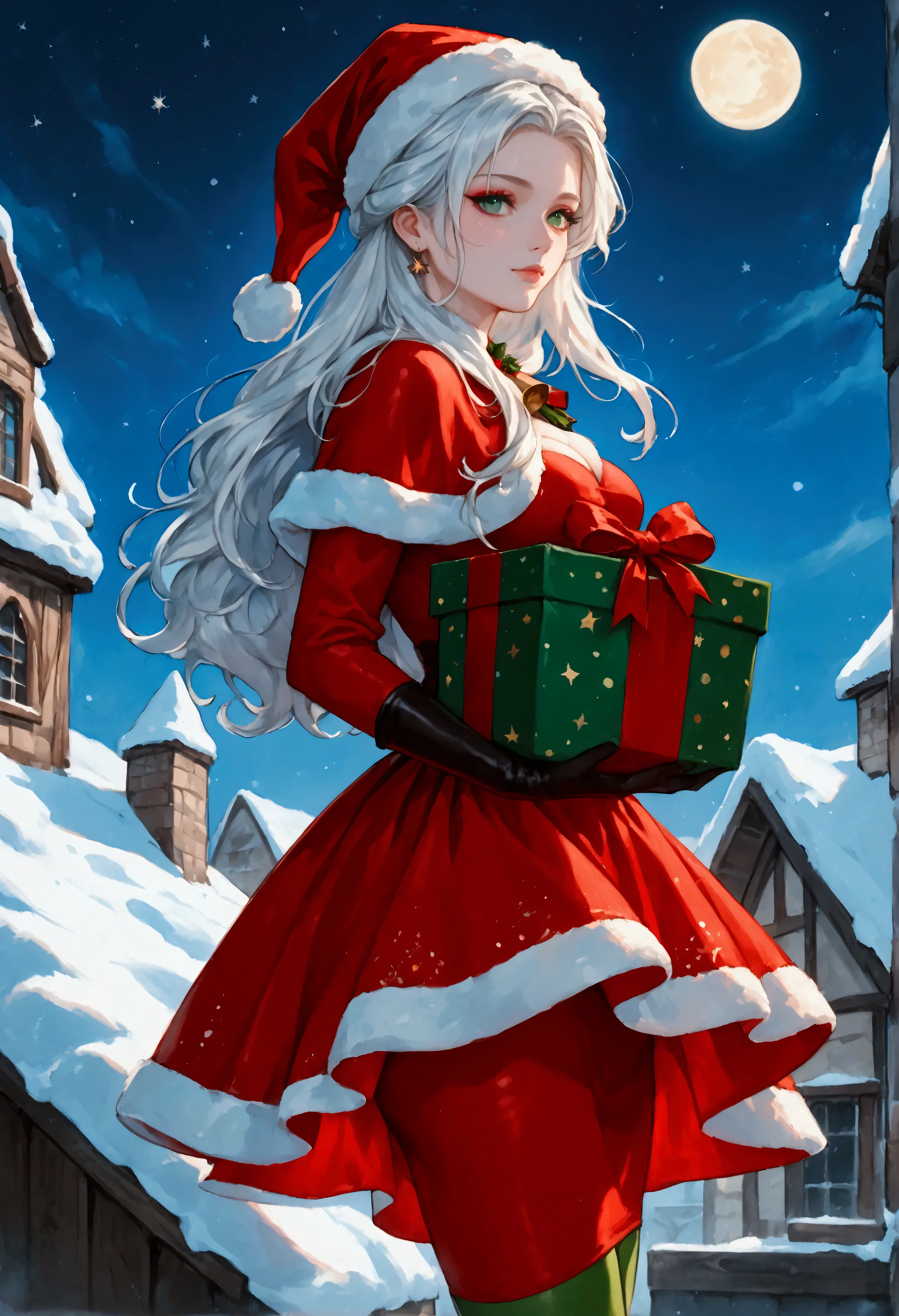 score_9, score_8_up, score_7_up, score_6_up, score_5_up, score_4_up, watercolor art of a most beautiful female Santa Clause carrying gifts, standing on roof in the snow, a beautiful female Santa Clause, white hair color, dynamic hair style, busty, wearing red dress, intricate dress, green cloak, green leggings, wearing red high heels boots,  fresh snow on the roof, high snow, it is night time, the crescent moon in the sky. some stars,  High Detail, Ultra High Quality, High Resolution, 16K Resolution, Ultra HD Pictures, Ultra Realistic, Clear Details, Realistic Detail, Ultra High Definition, Cinematic Shot