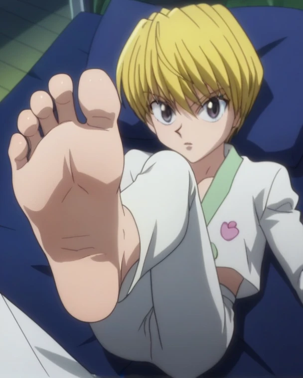 Score_9, score_8_up, source_anime, 1boy, Kurapika, Hunter x Hunter, scarlet big eyes, White long-sleeve shirt,white long pants, alone, looking at viewer, from above, lying on the bed, in his bedroom, lifting legs to show his soles, night, cowboy shot, ANIME SCREENCAP, anime coloring, barefoot, perfect feet, anatomically correct, soles, focal length 35mm, each foot has five toes, front, symmetrical soles, foot focus,