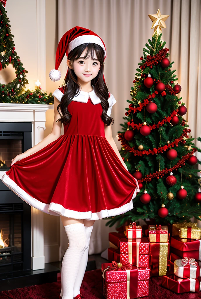 1girl,christmas tree,solo,christmas,hat,gift,thighhighs,santa hat,dress,christmas ornaments,long hair,red dress,upper body,