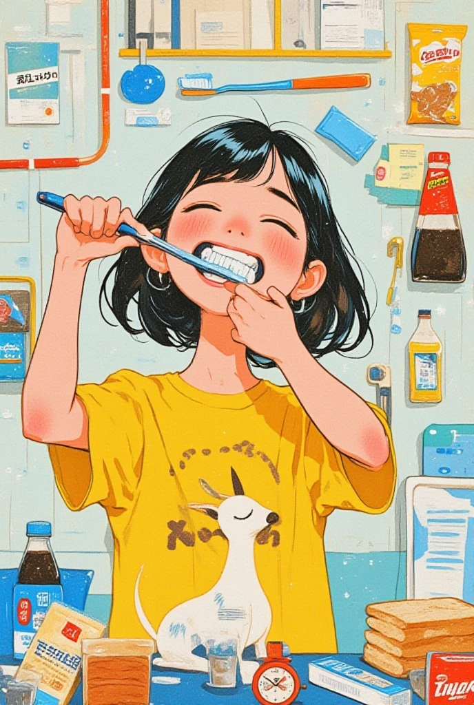   woman brushing her teeth with a sleepy face、「Ee」,White,light blue,Ultramarine,Sunflower color ,Surreal collage,a contemporary artistic collage,collage artwork, New Album Cover , Great Job !! ,digital collage、(collage ),collage art,contemporary collage,mixed media collage, Surreal +      is high definition , Surreal style, convertible、    Call it the Inner World of the Autism Spectrum, see here ,Toothpaste,Alarm clock,Asahi,Bread, black coffee 