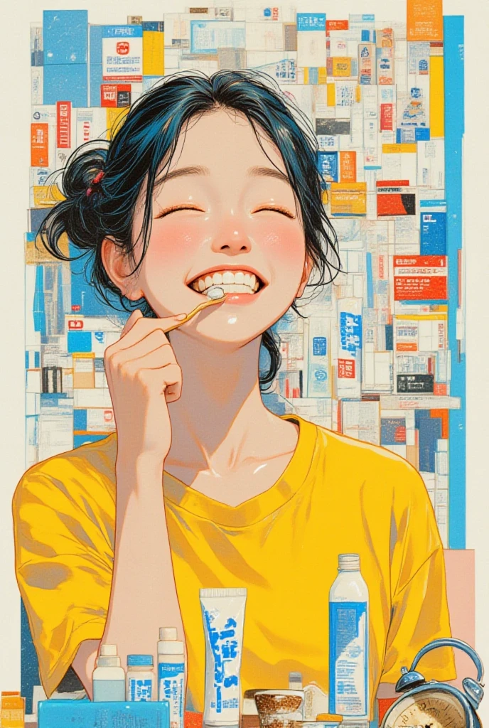   woman brushing her teeth with a sleepy face、「Ee」,White,light blue,Ultramarine,Sunflower color ,Surreal collage,a contemporary artistic collage,collage artwork, New Album Cover , Great Job !! ,digital collage、(collage ),collage art,contemporary collage,mixed media collage, Surreal +      is high definition , Surreal style, convertible、    Call it the Inner World of the Autism Spectrum, see here ,Toothpaste,Alarm clock,Asahi,Bread, black coffee 