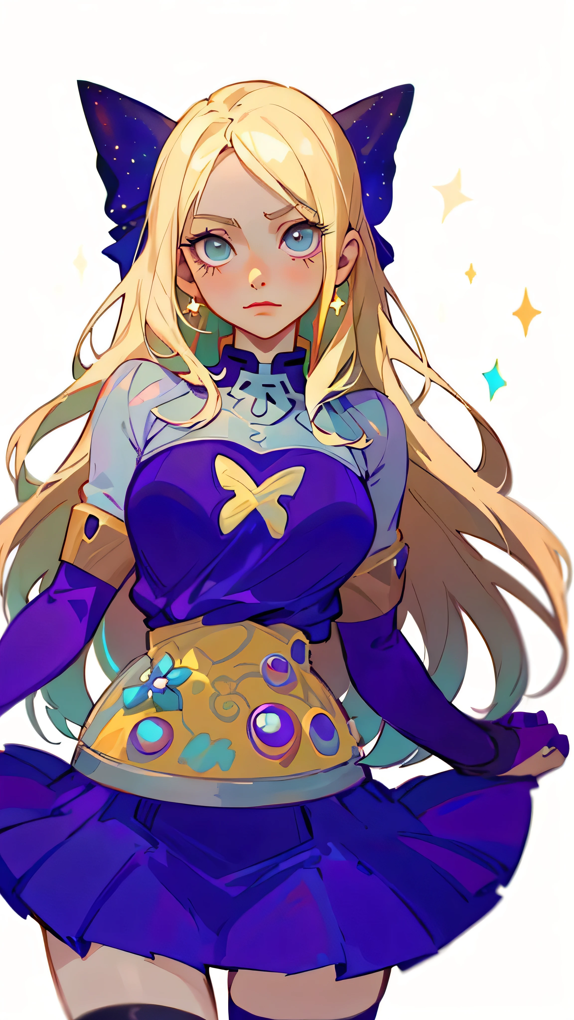 a cartoon picture of a woman in a purple outfit with a butterfly on her head, anime style like fate/stay night, blonde anime girl with long hair, anime goddess, marin kitagawa fanart, anime moe artstyle, ahegao, female anime character, ilya kuvshinov with long hair, seductive anime girl, marisa kirisame, anime character, (Masterpiece), (best detail), (Best quality), Detailed facial features, milky ways, glitters, Particle, Wind, flower, hair adornments, multicolored hair, Solo, jewelry, Starry sky, sky, (stars), Milky Way, Young and good-looking