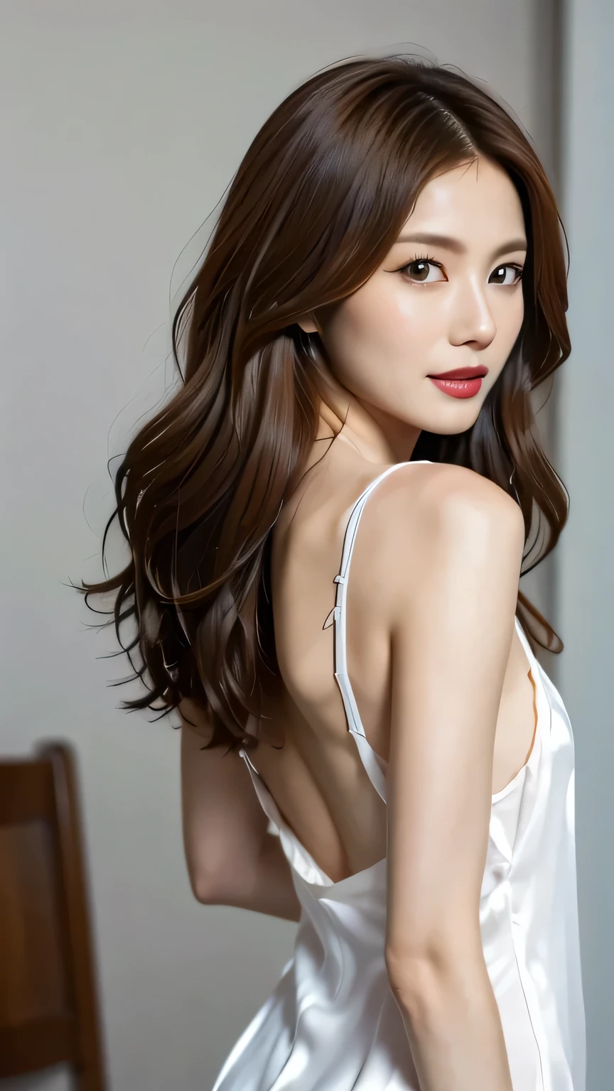 very detailed,  masterpieces during breakfast ,  top quality,  Photorealistic,  tall and thin, detailed face ,  Beautiful Eyes ,Very sensual face,  sensual red thick lips , ( facing forward),  beautiful body,  ( light brown hair:1.1、Messy wavy medium length hair:1.1、 asymmetry),  Emotionally Excited Conspicuous Nose ,Elegant and sophisticated、Bewitching Goddess、 waist to head 、((silk white nightgown:1.2))、dark wall background 、 fresh smile 