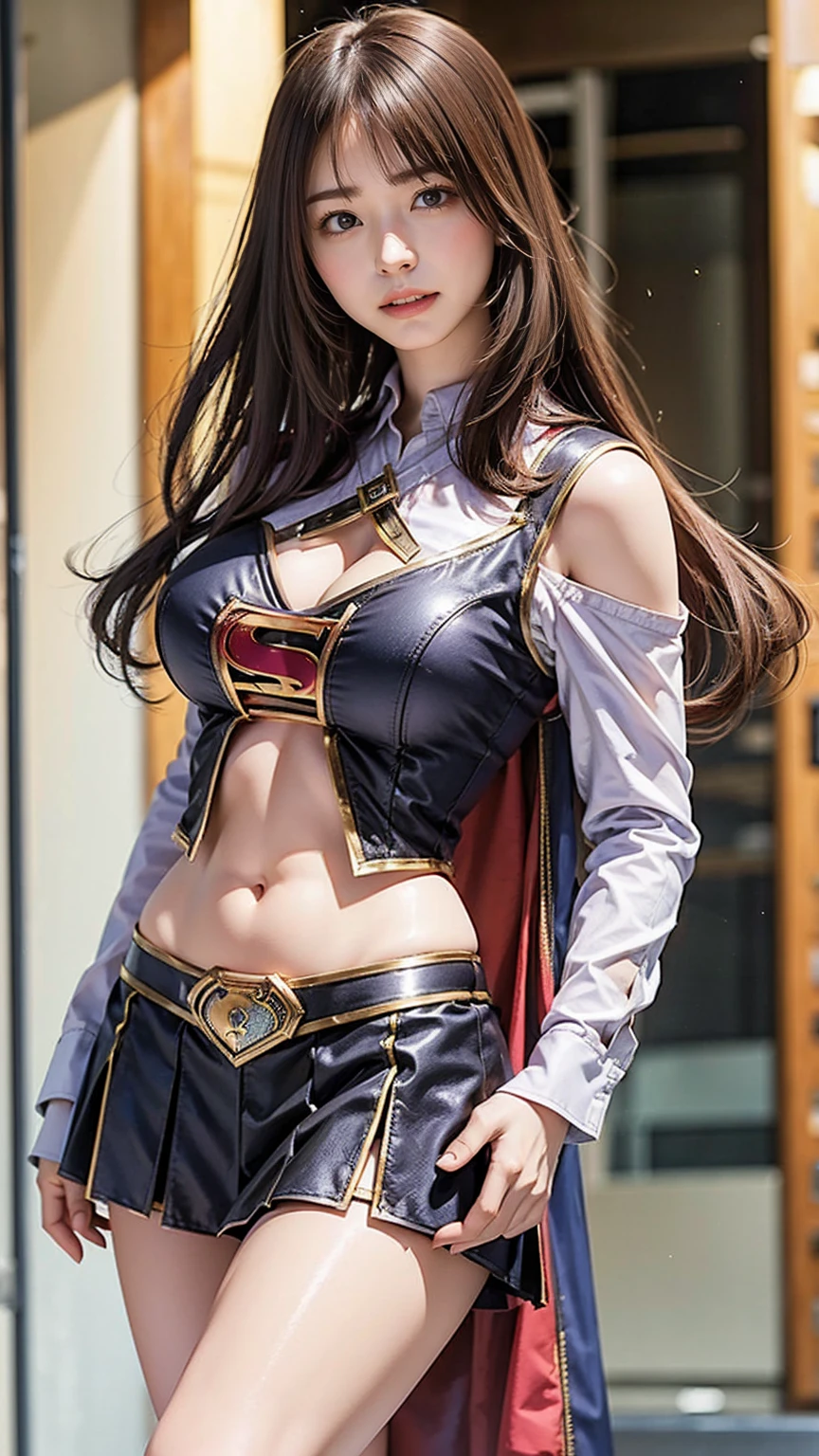   1 girl，big tit female body set ，  Supergirl Costume Dress，skirt、ミニskirt、Cutting clothes，close，  Off Shoulder Outfit，Charming，  perfect body，street，belly button，Abdominal vest line，Brown Hair、Long Hair、Long Hair、  Sexy Poses