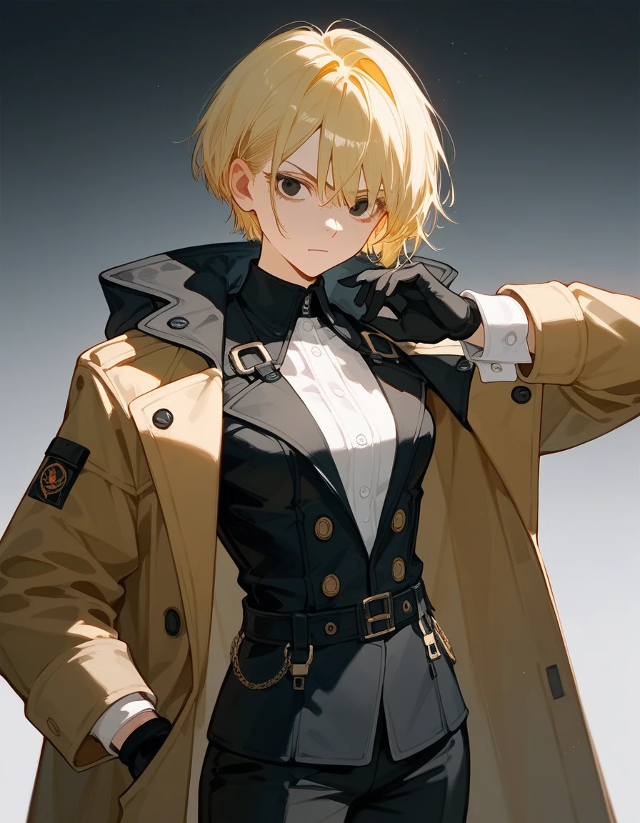  girl,Black eyes, light yellow hair cuffs,Short hair,Black long trench coat, medium face , put on black gloves,With ,Irritated face, dark edges,ในBlack eyesสนิท, black pants ,Multiple Belts , 