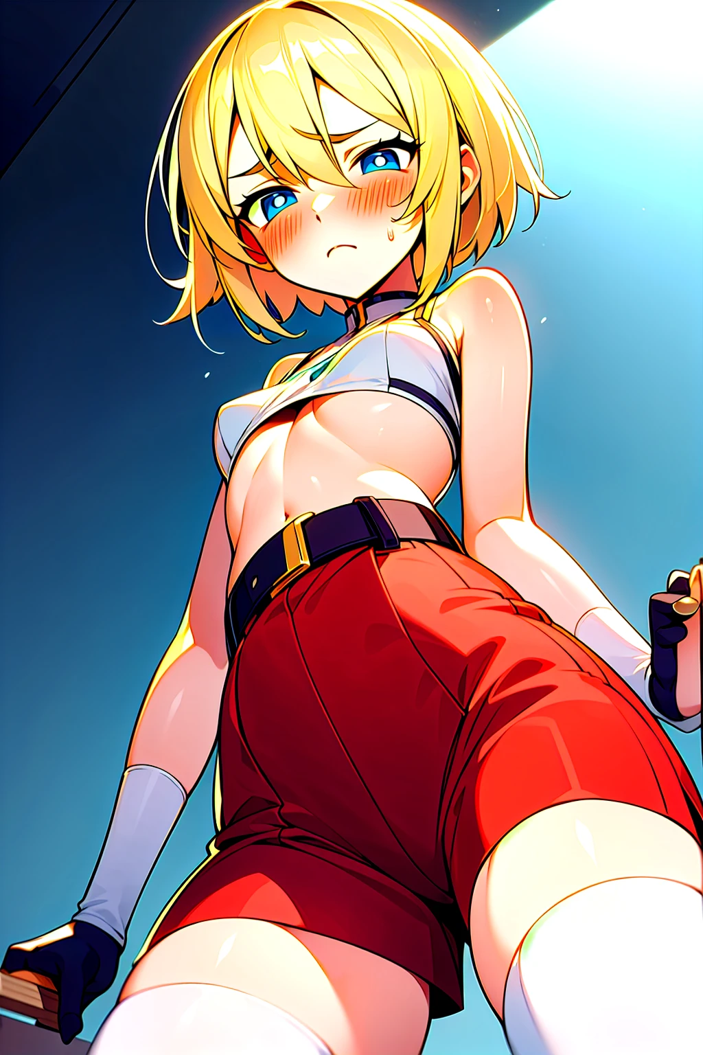 <lyco:ManyakisStyle-step00001800:1.0>, <lora:Mordred:0.8>, mordred \(fate\), blonde hair, green eyes, ponytail, red bikini, cowboy shot, contrapposto
