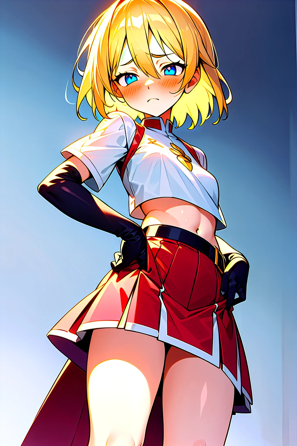 Zor Eliel ,  blonde teenager ,  blue eyes,  short hair, wearing a red skirt  , white crop top from below, black knee-high stockings, black elbow length gloves ,  small tits,  realist,  Lifting a belt 、 blush, Awkward,  frowns,  bangs between eyes,  bob hair, 