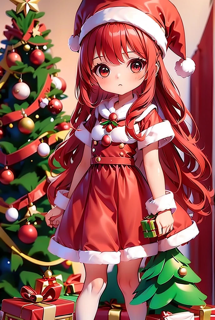 1girl,christmas tree,solo,christmas,hat,gift,thighhighs,santa hat,dress,christmas ornaments,long hair,red dress,upper body,