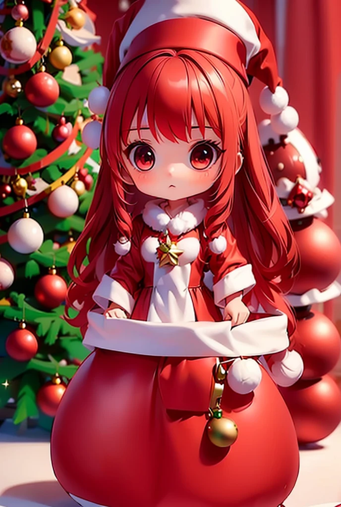 1girl,christmas tree,solo,christmas,hat,gift,thighhighs,santa hat,dress,christmas ornaments,long hair,red dress,upper body,