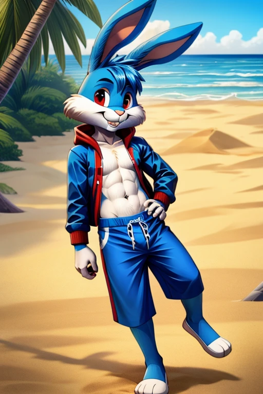 Cartoon rabbit guy blue hair full length slim skinny in red swimming trunks on the beach with a happy face