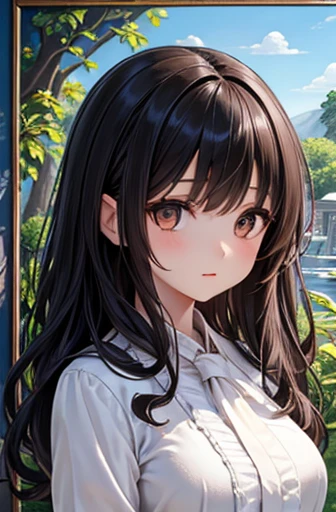 (( top quality)),(超 high definition ),( super detailed),( detailed description ),(( best CG )),( Best Artwork ),Ultra-detailed art, Amazing Painted Art ,( detailed painting:1.5), Portraits:1.6,:1.4,(1 female:1.5),Beautiful and well-formed face:1.5、 Japanese 、 girl,slender、( white blouse:1.2)、Grey tie、 small face、 Brown Eyes 、 penetrates 、 high definition , black hair、 long hair、classroom、uniform、、(Standing to the left:1.2)、 mature、Curly hair、 long black hair,