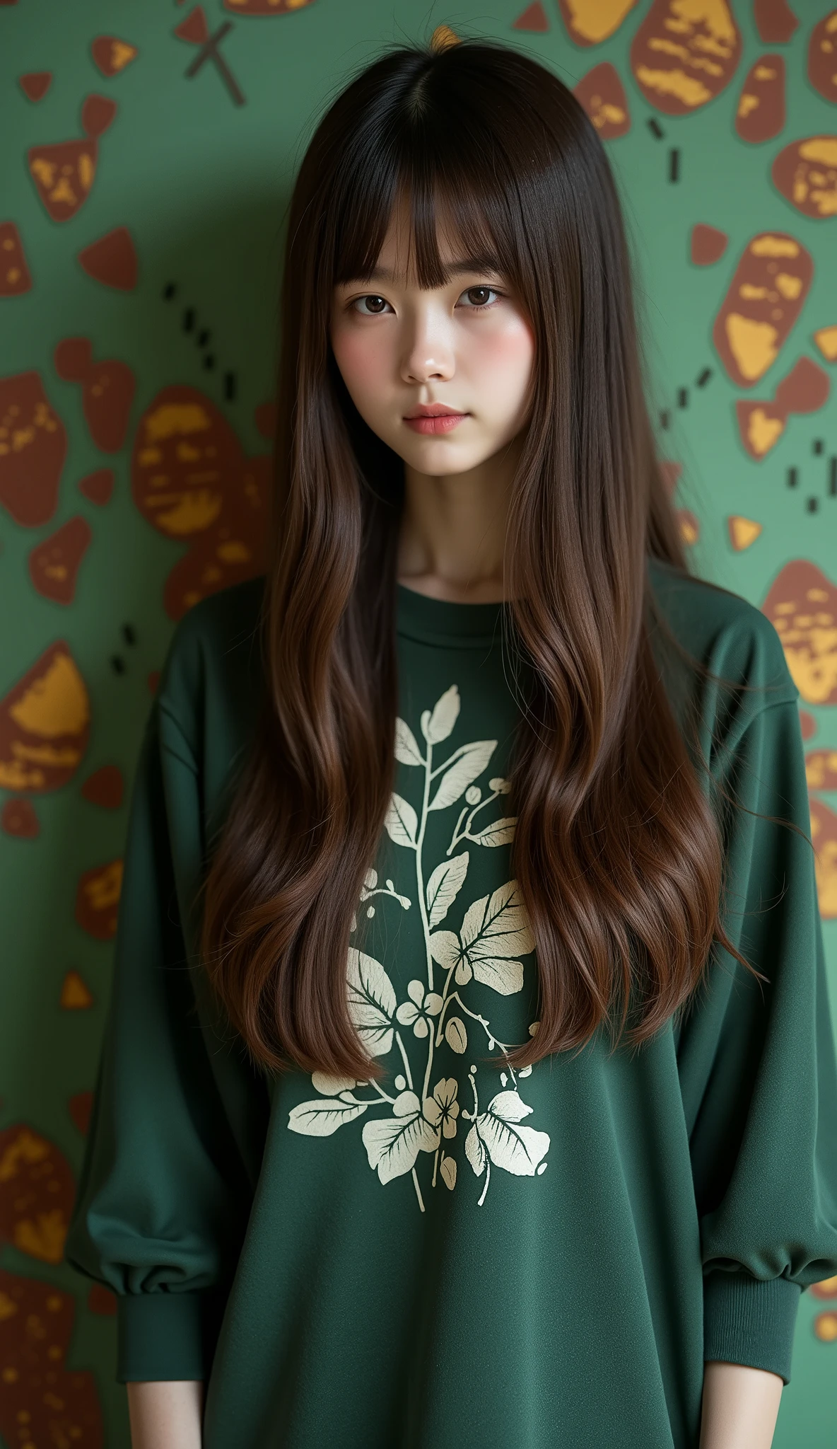 Geometric background :1.3、    dark color、  cute girl、  brown hair、(((Straight perm、bangs、     straight hair:1.37、  long   straight hair )))、   very long hair 、    Look Away 、Printed shirt、  Picasso painting t-shirt 、  Loose clothing  、top quality、   super detailed、 High quality details 、green