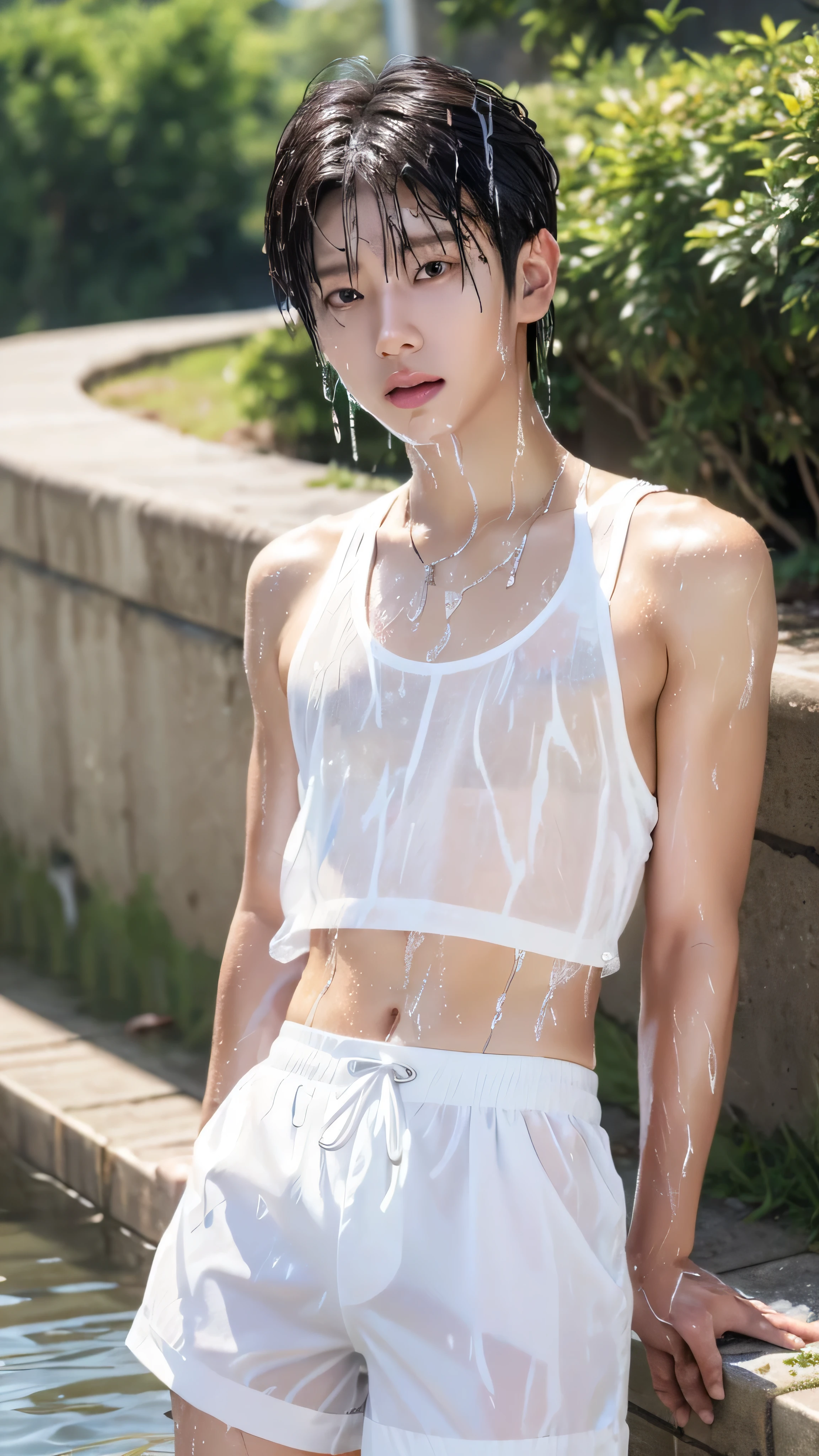 (Highest quality, masterpiece, 8K, photographic, Fine, Realstic:1.4), 1 pretty young boy, (wet clothes:1.4), (wet and transparent white nylon shorts:1.3), (wet and transparent white tank top:1.2), belt, soak, short hair boy, short stature, squirt, (arms behind back), very handsome, white clothes that wet and see-through, Footage from the knee up, fall in drainage ditch
