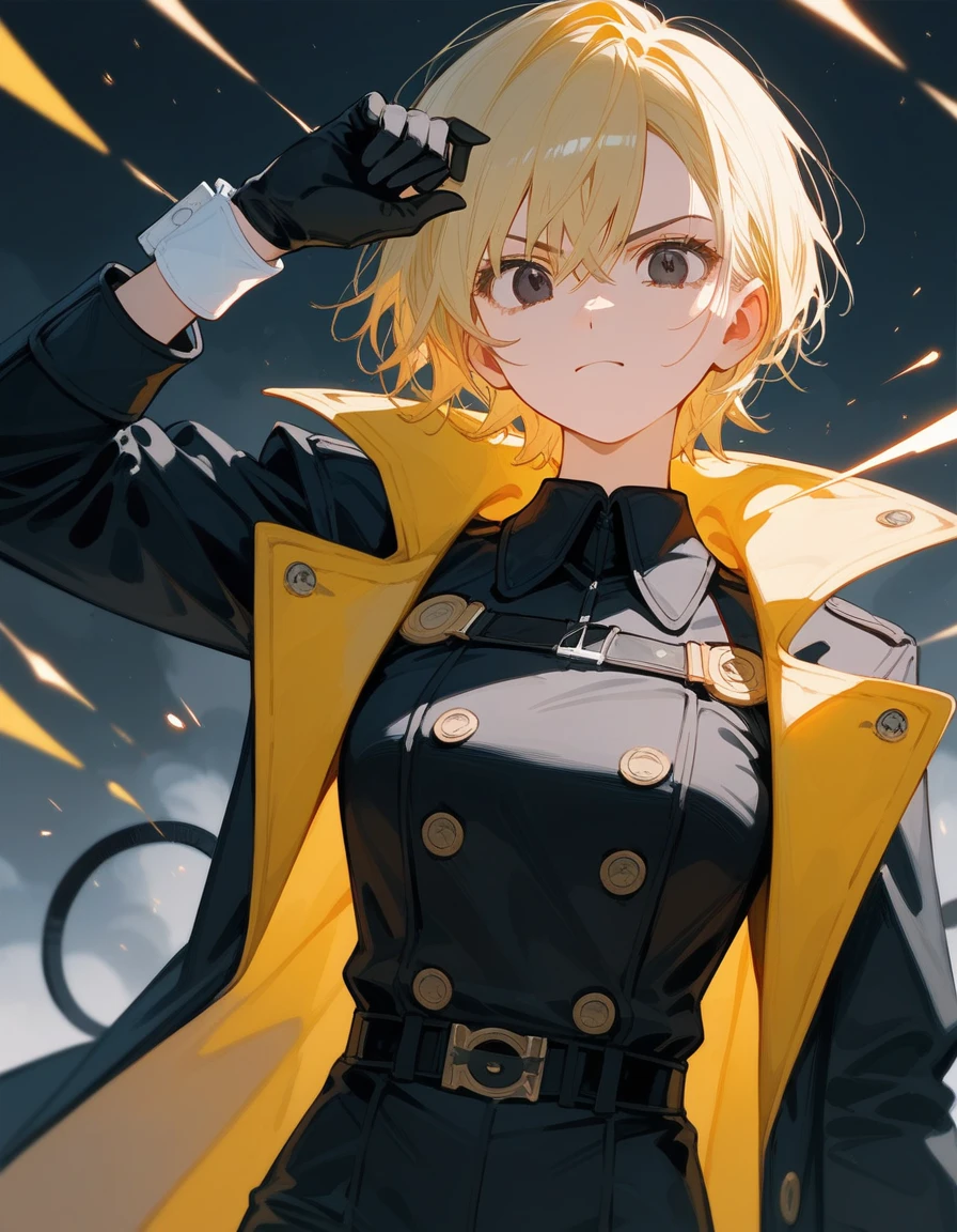  girl,Black eyes, light yellow hair cuffs,Short hair,Black long trench coat, medium face , put on black gloves,With ,Irritated face, dark edges,ในBlack eyesสนิท, black pants ,Multiple Belts , Justice 