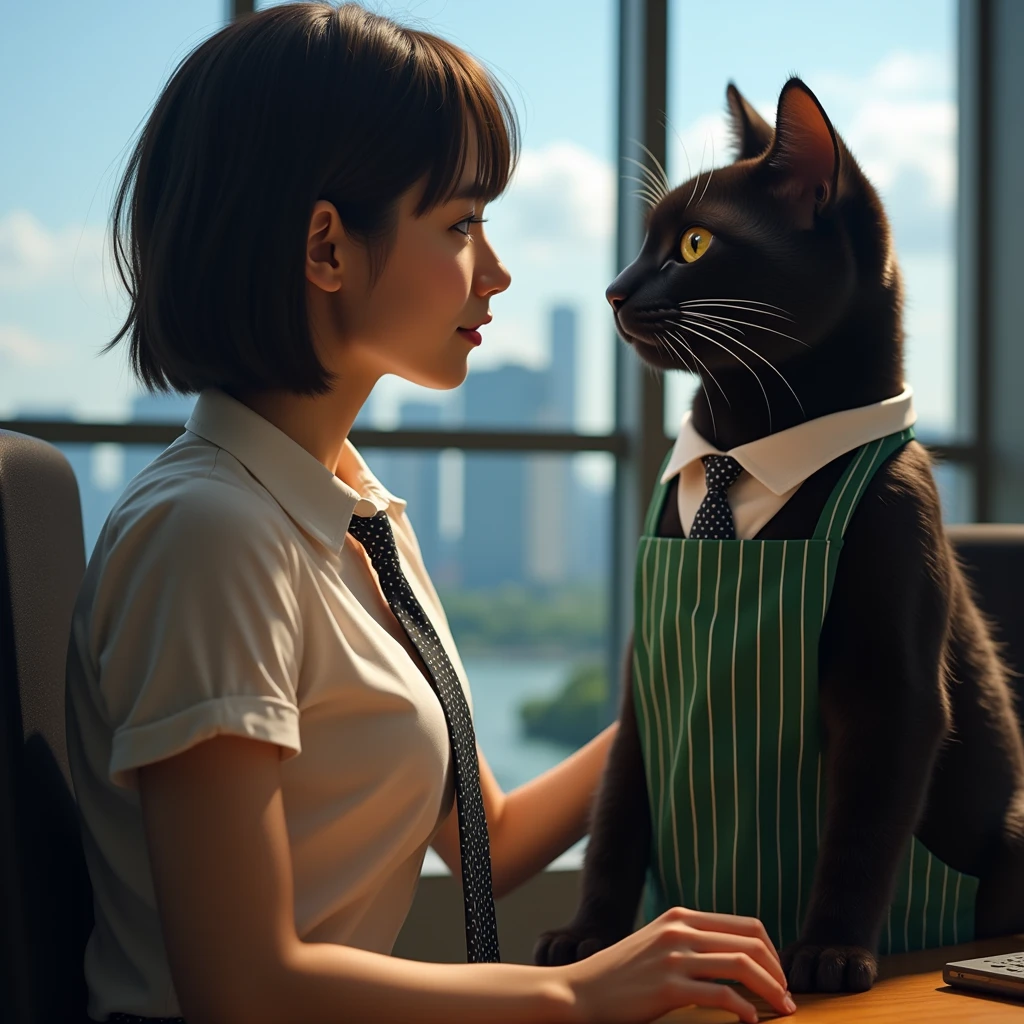 ultra-realistic, photorealistic, dramatic scene, shadow, global-illumination, solo, (teenage Japanese girl:1.5), very beautiful fragile Japanese girl, very beautiful with very cute but boyish cool face, (very large breasts), slim waist, (wearing a Singaporean office worker's elegant summer uniform:1.2), (very large breasts), She and her human-like giant black cat are meeting with seaart company staffs in the conference room of the seaart company in Singapore, the cat looks gentleman only wearing a necktie, Wonderful Bay Area views from Merlion Park with Merlion, she shows gentle smile, the animation of giant black cat with vertical striped green apron is displayed on the large screen