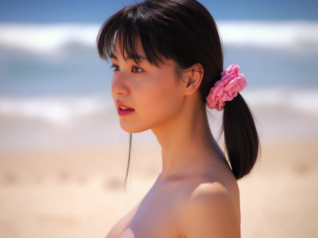 Mika, 1girl, solo, 8k, raw photo, perfectly focused, best focus, realistic skin texture, masterpiece, highest quality, photorealistic, profile, looking at the distance, in the beach