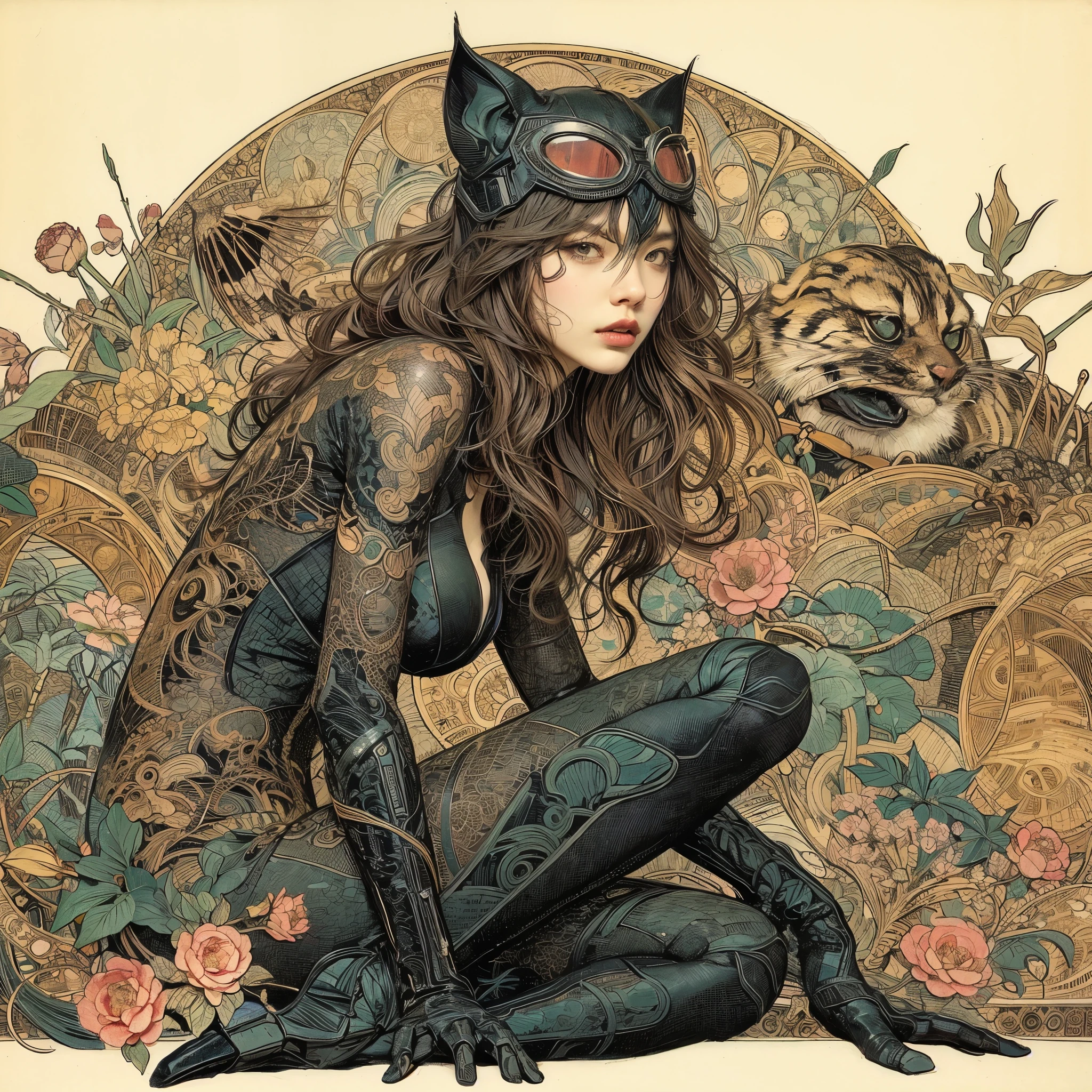 Catwoman and Snow White Fusion, Full Body, Sensual Body, Costume with dress, Details with black blue and yellow, Cat ears, Pointed cat claws, red lipstick, glowing eyes in the shadows, Forest with hut in the background, Realistic, hyperdetailed, Ultra HD,8K