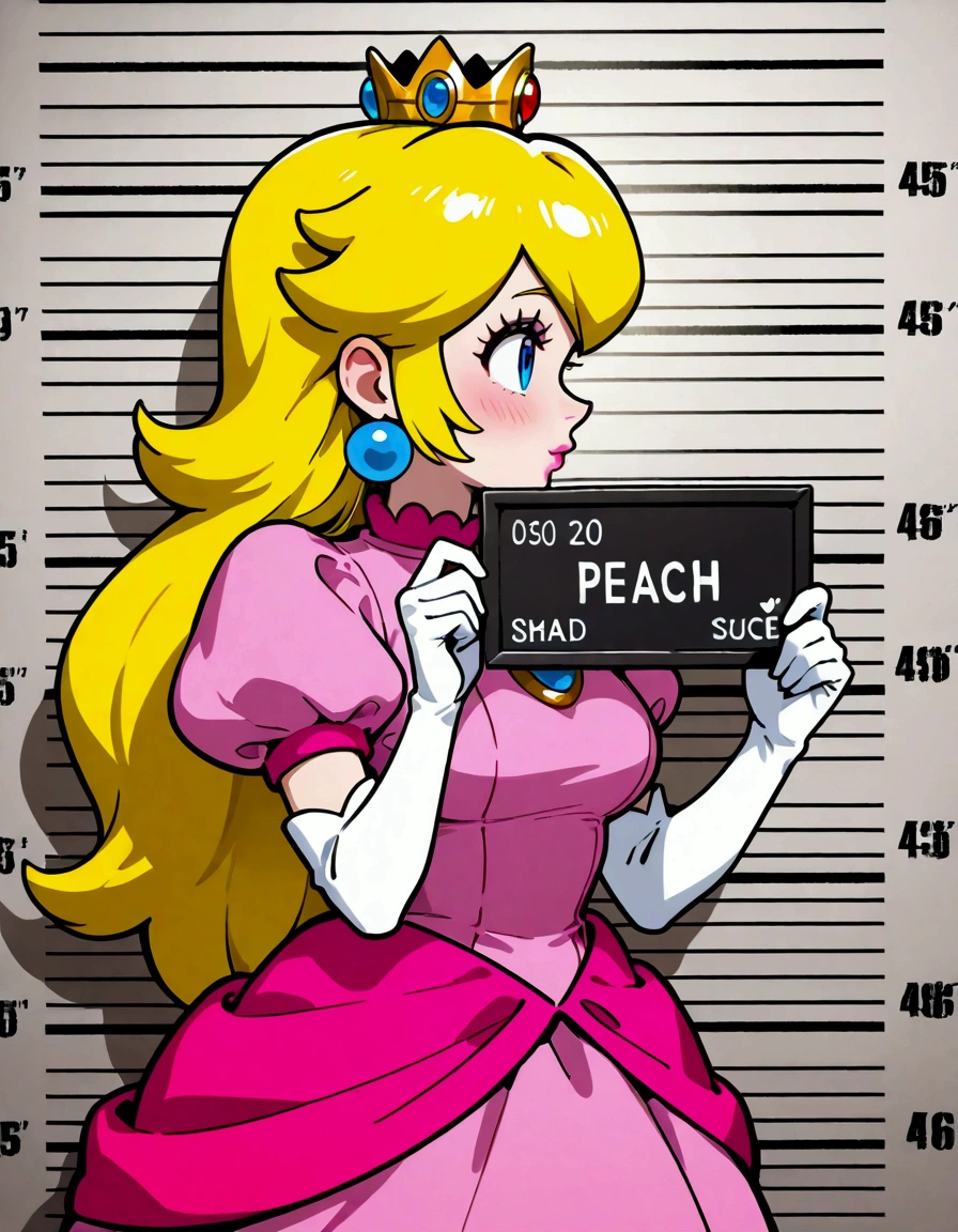 (((Wanted poster:1.37, "Wanted" is written in large letters:1.37))), Princess Peach, ((Close-up shot, grin)), pink dress, (Mosaic-effect on eyes), brooch, puffy sleeves, lipstick, smooth skin, crowns, earrings, Blonde Hair, background is the Super Mario World, Beautiful Face, Highly detailed CG, Super detailed, ((masterpiece, best quality, high resolution)), Fugitive warrant, 