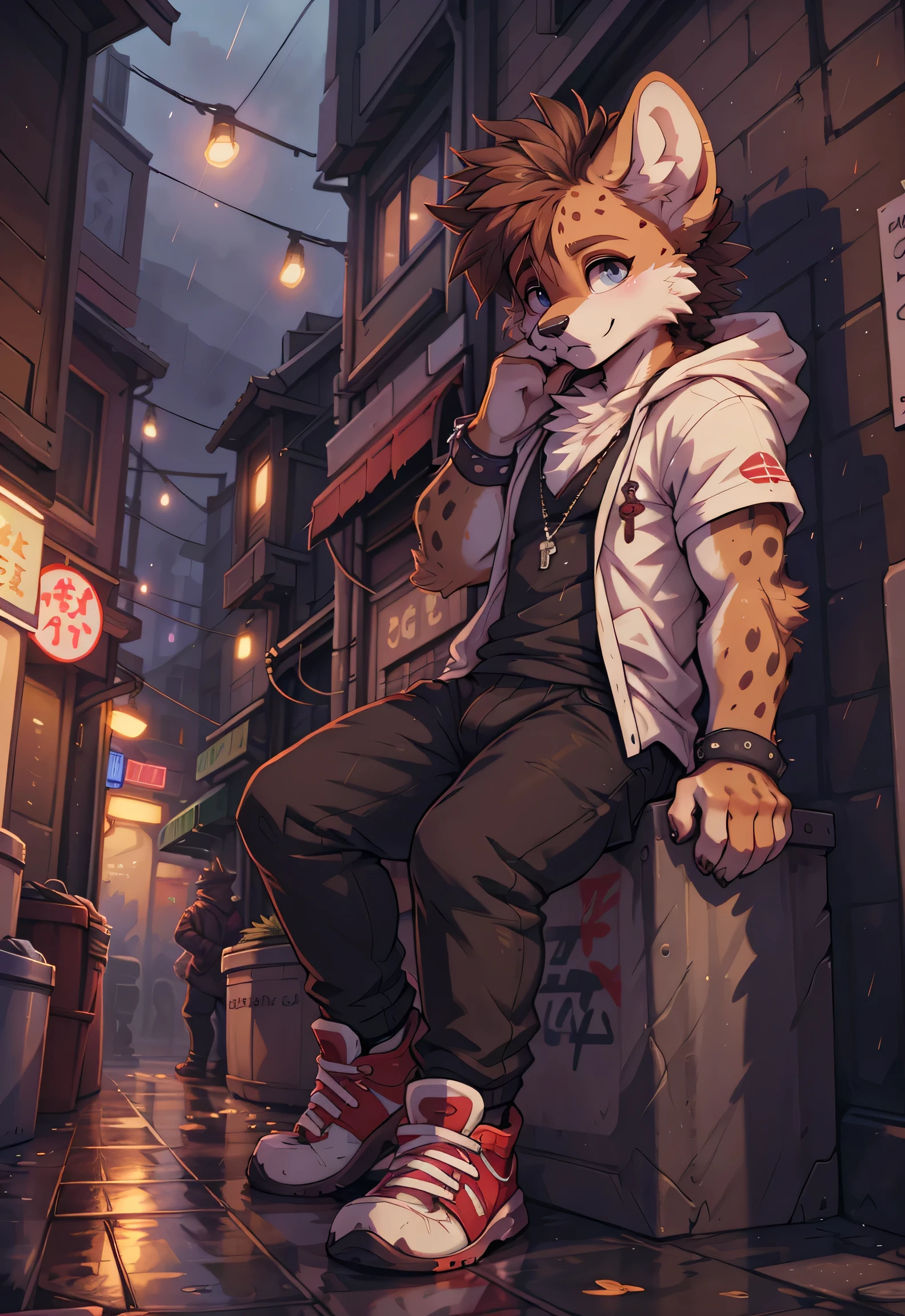 upload on e621,(Masterpieces), furry, male, (solo), detailed eyes, kemono, by hioshiru and kenket and ((dimwitdog)), Michael & Inessa Garmash, (Pino Daeni, yupa, greg rutkowski), ((detailed fluffy fur)), detailed realistic painting, cinematic, detailed background, perfect shade, dynamic angle, ( spotted hyena male), small round hyena ears, (dark brown ears), (dark brown mouth and dark brown nose:1.4), (dark brown muzzle:1.3), (dark brown hands), in dark night modern city, (gangster:1.2),bad guy, (sanpaku), (sleepy eyes:1.2),(disdainful eyes:1.4), (looking away ), close shot, close up ,(cullion face:1.2), (in dark narrow alley), tall and slim body, sitting on a hugh trash bin, (cross legs), messy rough road, (dark raining night), wet body, cool tone, lightless, (colorful fashion punk clothes:1.3),graffiti, flash mobs,tokyo tribe