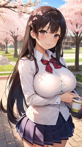   masterpieces during breakfast ,  top quality,  high definition ,  very detailed,  detailed background,  Cinematic Lights ,  1 girl, cute,   school uniform,  Kudelia Aina Bernstein , Public indecency,  Watch viewers, building,  outdoors, cherry blossoms, Bokeh, long hair, big breasts