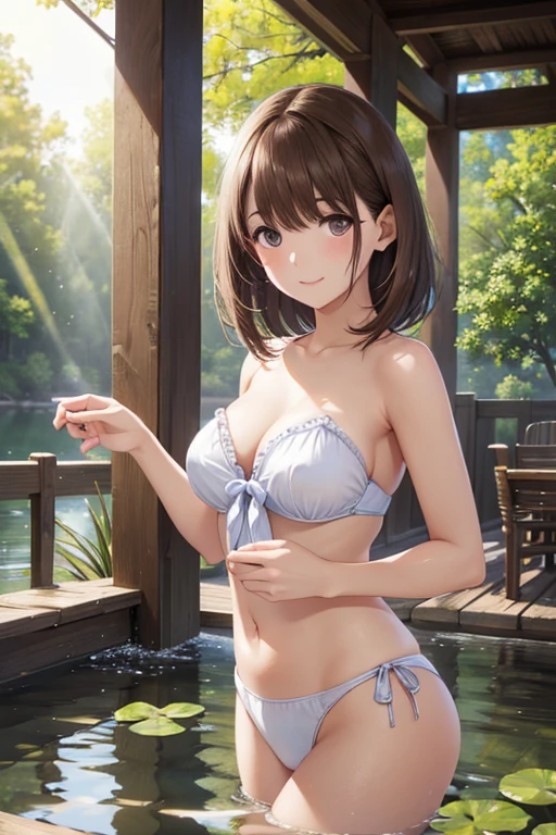(masterpiece:2.0), (top-quality:2.0), (soaking in a hot spring:1.5), (extremely small white thong bikini:1.5), (super sexypose:1.5), (view from the side:1.5), (blushed face:1.3), (hide chest with hand:1.3), (super thin fabric:1.5), (Spilling boobs:1.4), (realistic:1.5), under the boobs, side boob is visible, naked, 1 little girl, precise small hands, Embarrassed look, light smile, Look at me and smile, extremely cute girl, innocent face, young face, Clear eyes, Shining eyes, small breast, shoulder is visible, Tummy is visible, cleavage of the breast is visible, stomach is visible, the lower abdomen is visible, The buttocks is visible, The crotch is visible, No pubic hair, dynamic posing, The beautiful skin, ultra-definition, Top resolution, golden hair
