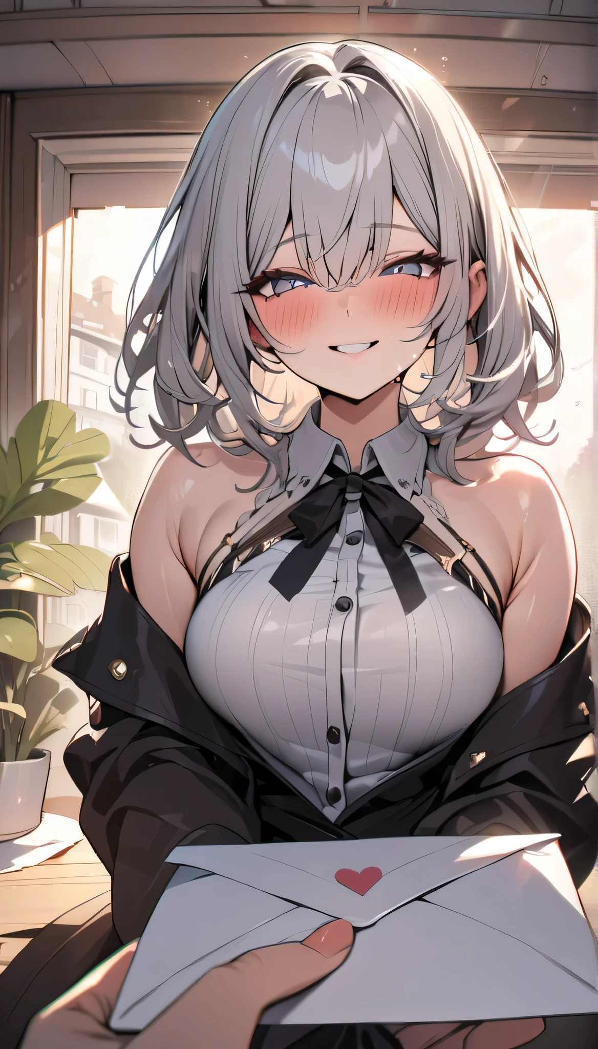 (Masterpiece), Best Quality, ultra-detailed, 1girl (Secelia Dote, short hair, dark skin, blue eyes, half-closed eyes), wicked smile, parted lips, solo, maid (black), frill, apron, maid headdress, ultra mini skirt, black lace thighhighs, garterbelt, in the livingroom, standing, Sexy waist teasing, come-on, temptation