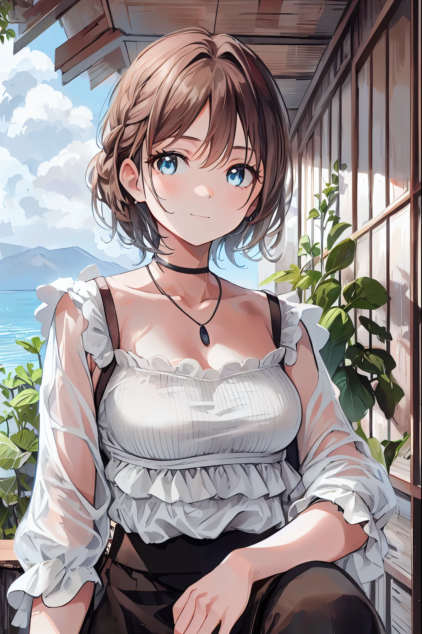 Misty rural sunrise 、Woman running up a steep hill、Distant and Near Views、 smoke coming out of an old factory chimney near the bay and harbor、 movie lights、 dramatic atmosphere 、8k、 high image quality 、 realistic 、 Detailed View 、 achromatic 、 volume lighting from above 、Hazy environment、 brown hair, shortcut, hair is messy, short braided hair wet on the body ,Neat, slender beauty,hole々Positive Attitude,small breasts, Her enchanting gray-blue eyes shine like stars, black camisole , Beautiful Eyes ,A delicate smile, The best品質、The best, Gentle beautiful woman , anime style 、