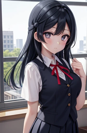 setunayuuki, Setsuna Yuuki, ( dark eyes:1.5),  black hair,  long hair,  One side up, (medium breast:1.2), 
break armband, Blue vest, button, collared  shirt, dress  shirt, grey  skirt, neck ribbon, nijigasaki academy  school uniform, Check pattern, Check pattern  skirt, pleated  skirt, red ribbon, ribbon,  school uniform,  shirt, Short sleeve,  skirt,  summer uniform, vest, white  shirt,
break looking at viewer, 
break indoors, classroom, 
break (  masterpieces during breakfast :1.2),  top quality,  high definition ,  unity 8k , (Illustration:0.8), ( BEAUTIFUL DETAILED EYES :1.6),   Highly Detailed Face ,   perfect lighting  ,  Highly Detailed CG, (  perfect hands ,  perfect anatomy ),、 long black hair, big breasts