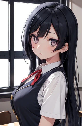 setunayuuki, Setsuna Yuuki, ( dark eyes:1.5),  black hair,  long hair,  One side up, (medium breast:1.2), 
break armband, Blue vest, button, collared  shirt, dress  shirt, grey  skirt, neck ribbon, nijigasaki academy  school uniform, Check pattern, Check pattern  skirt, pleated  skirt, red ribbon, ribbon,  school uniform,  shirt, Short sleeve,  skirt,  summer uniform, vest, white  shirt,
break looking at viewer, 
break indoors, classroom, 
break (  masterpieces during breakfast :1.2),  top quality,  high definition ,  unity 8k , (Illustration:0.8), ( BEAUTIFUL DETAILED EYES :1.6),   Highly Detailed Face ,   perfect lighting  ,  Highly Detailed CG, (  perfect hands ,  perfect anatomy ),、 long black hair, big breasts