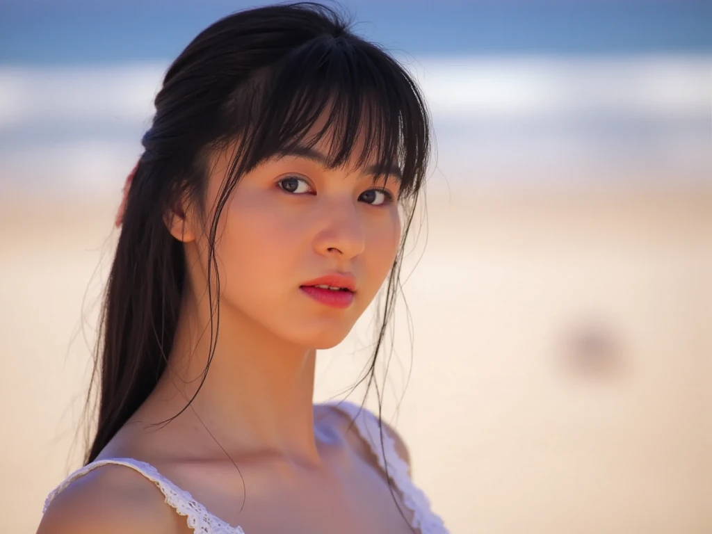 Mika, 1girl, solo, 8k, raw photo, perfectly focused, best focus, realistic skin texture, masterpiece, highest quality, photorealistic, profile, looking into the far distance, in the beach