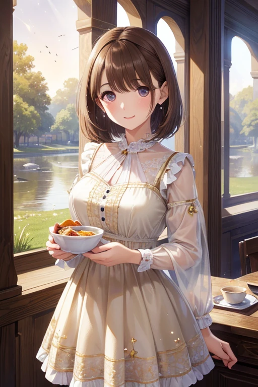 my grandmother、 shiny chestnut hair ,  short hair, ( brown pretty eyes、 Sparkling Eyes , Fine grain)、smile、 ultra-detailed eyes sandwiched between columns、Highly detailed faces,  extremely detailed eyes,( top quality,   is high definition ,   high image quality,   Breakfast Masterpiece , 8k),   Cowboy Shots、



girl in a lace floral dress　　Water Drop　dawn　star　moon　 moon