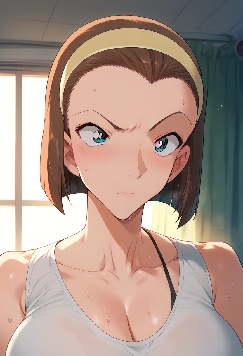 Hyper realistic, suzuki sonoko, short hair, brown hair, hairband, blue eyes, perfect face, perfect lighting,  , ,huge breasts:2.5, sweat,、ビキニ