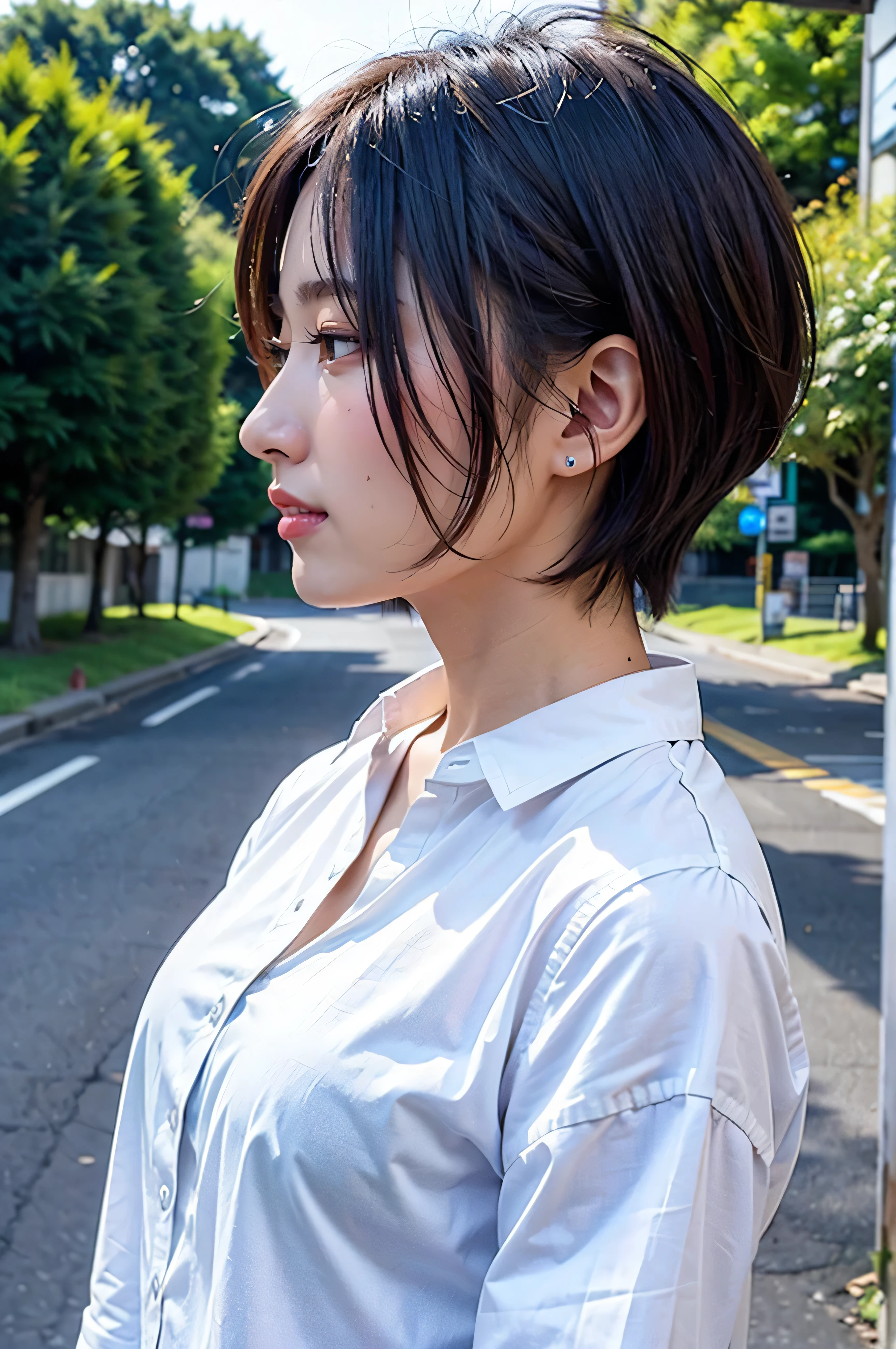 Realistic、masterpiece、Highest quality、Highest quality、8k、RAW Photos、Cinema Lighting、Very cute one、short hair、Moisturized hair、My hair is messed up by the gust of wind、Background seen from the road、Upper Body、Photo of your face、profile、Eyes focus、Clothes to wear on a very hot day、Laughter、The depth of the written world、Wide Light、High Contrast、Shine、chromatic aberration、Sharp focus、Raw color photography