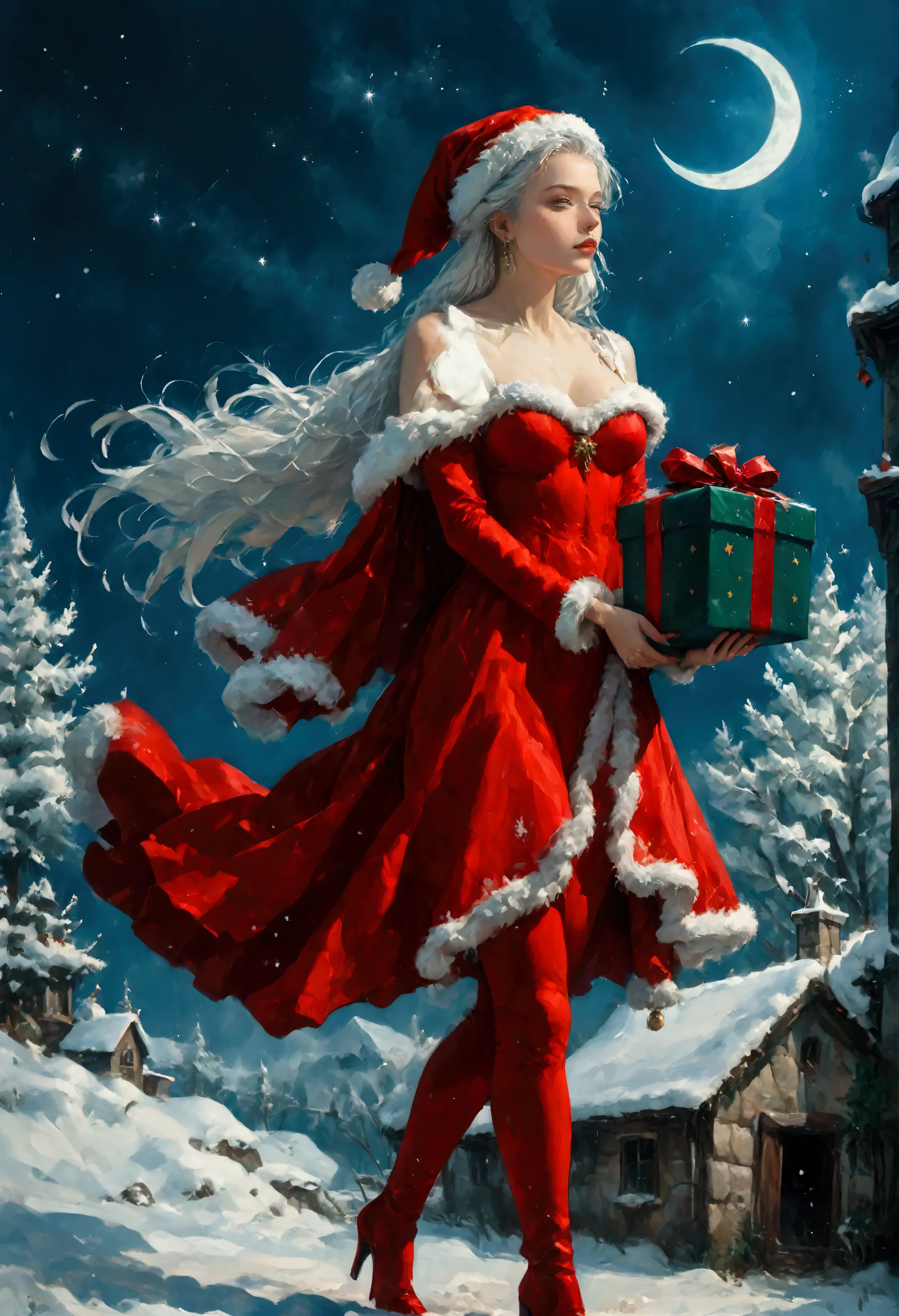 score_9, score_8_up, score_7_up, score_6_up, score_5_up, score_4_up, watercolor art of a most beautiful female Santa Clause carrying gifts, standing on roof in the snow, a beautiful female Santa Clause, white hair color, dynamic hair style, busty, wearing red dress, intricate dress, green cloak, green leggings, wearing red high heels boots,  fresh snow on the roof, high snow, it is night time, the crescent moon in the sky. some stars,  High Detail, Ultra High Quality, High Resolution, 16K Resolution, Ultra HD Pictures, Ultra Realistic, Clear Details, Realistic Detail, Ultra High Definition, Cinematic Shot, d4rk01l