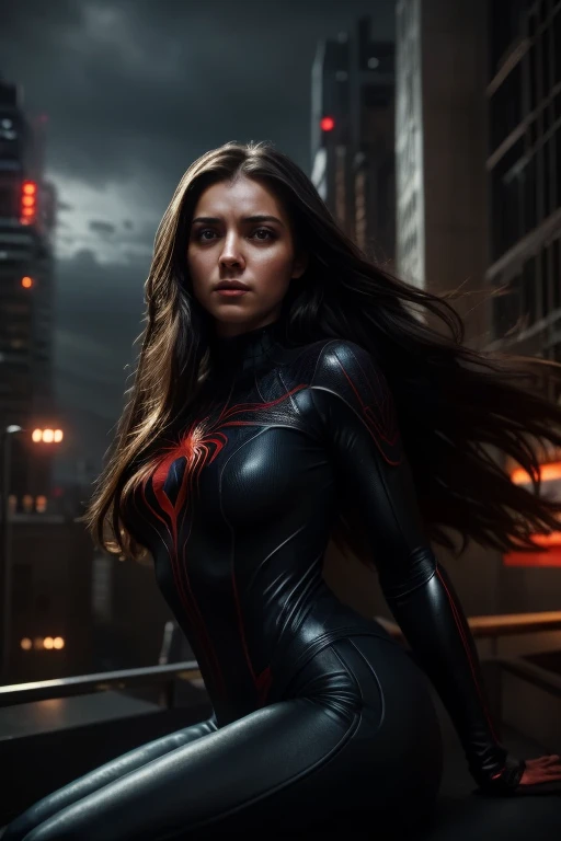 a beautiful spiderwoman with long hair and detailed eyes, wearing a tight bodysuit, riding a giant spider, superhero, dark dystopian city background, cinematic lighting, dramatic composition, moody color palette, high detail, photorealistic, 8k