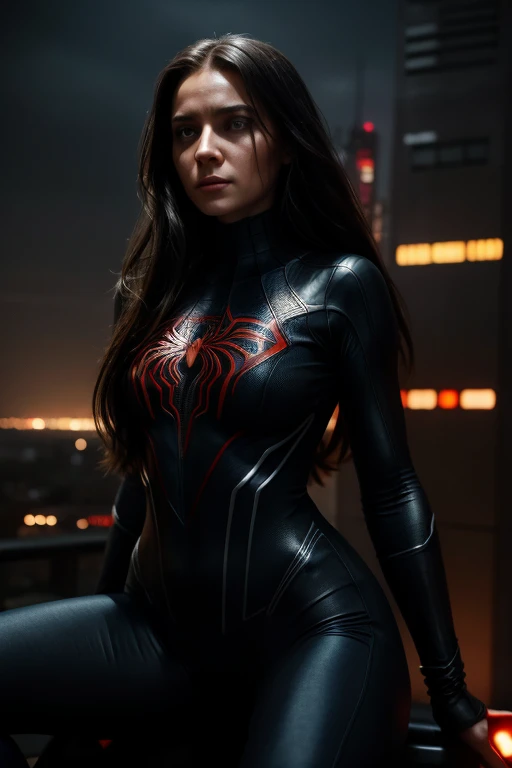 a beautiful spiderwoman with long hair and detailed eyes, wearing a tight bodysuit, riding a giant spider, superhero, dark dystopian city background, cinematic lighting, dramatic composition, moody color palette, high detail, photorealistic, 8k