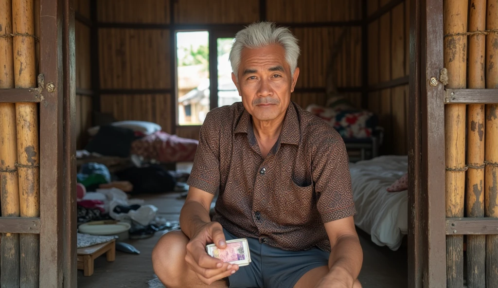 ((ultra-realistic photo)) [A 50-year-old Indonesian man with white hair is sitting casually in front of the open doorway of a modest rural bedroom. He wears a brown batik shirt with intricate traditional patterns, his expression calm yet sinister as he holds a stack of Indonesian rupiah notes in one hand. Behind him, the room is messy, with clothes and other belongings scattered on the wooden floor. The walls are made of woven bamboo, and the doorway frames the chaotic interior, including a simple wooden bed with a crumpled blanket. The midday sunlight streams in, casting realistic shadows on the weathered bamboo and wooden surfaces. The scene captures the contrast between the man's composed demeanor and the disorder around him, set against the rustic charm of a traditional Indonesian village home.]  
Lighting: Harsh midday sunlight with strong shadows and warm highlights.  
Camera angle: Medium telephoto, frontal angle focusing on the man and the doorway.  
Resolution: (((8K))), HDR, ultra-detailed, sharp focus, professional clarity, and vibrant natural colors.  
Textures: Realistic textures on the batik shirt, rupiah notes, bamboo walls, wooden flooring, and the scattered items.