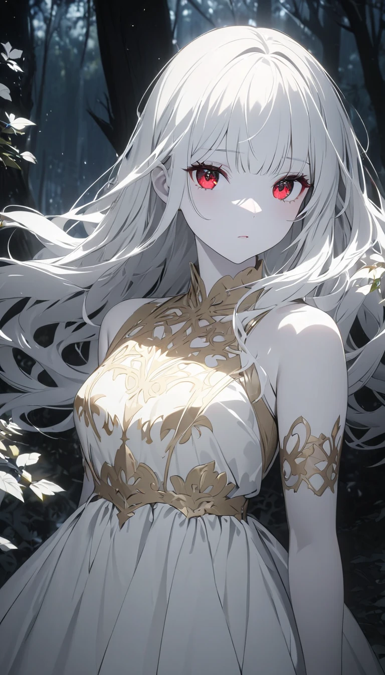 Beautiful girl with long white hair,  white skin, And red eyes, In the woods with cinematic lighting, It&#39;s dark and there&#39;s little light. She is wearing a golden white dress, Her eyes were focused,  watching viewers . Her skin is white, Her face was delicate and perfect., a masterpiece, Top quality artwork.  The image is、It has artistic cinematic lighting and cinematic color tones using neutral filters、 Highly Detailed 8k cg Wallpaper  ,  is。.