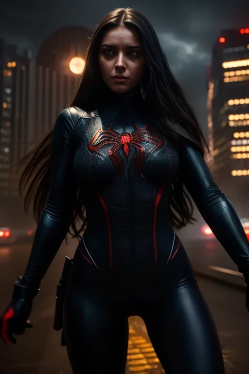 a beautiful spiderwoman with long hair and detailed eyes, wearing a tight bodysuit, riding a giant spider, superhero, dark dystopian city background, cinematic lighting, dramatic composition, moody color palette, high detail, photorealistic, 8k