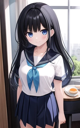 (  masterpieces during breakfast :1.3),  1 girl, Alone, 最 High Quality ,  High Quality , Calories ,  black hair,  long hair,  One side up, big_chest,  school uniform,  blue eyes, walk,   arm behind back , smile.、 long black hair,bigchest