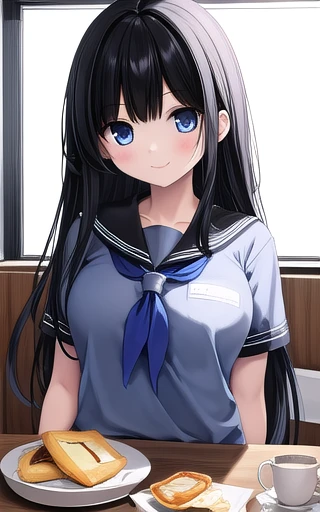 (  masterpieces during breakfast :1.3),  1 girl, Alone, 最 High Quality ,  High Quality , Calories ,  black hair,  long hair,  One side up, big_chest,  school uniform,  blue eyes, walk,   arm behind back , smile.、 long black hair,bigchest