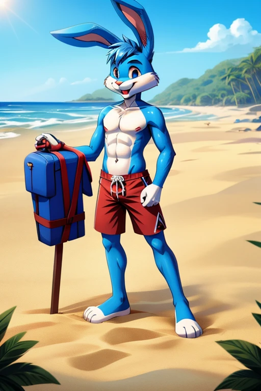 Cartoon rabbit guy blue hair full length slim skinny in red swimming trunks on the beach with a happy face